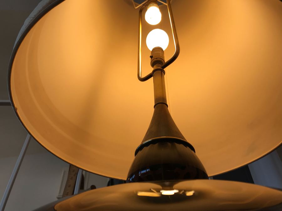 Monumental Mid-Century Glass And Metal 2-Light Lamp With Large Tapered Shade (See Photos For Damage To Shade) [Photo 6]