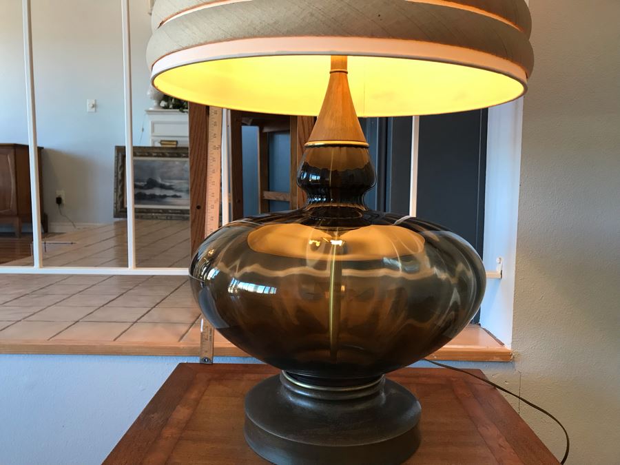 Monumental Mid-Century Glass And Metal 2-Light Lamp With Large Tapered Shade (See Photos For Damage To Shade) [Photo 1]