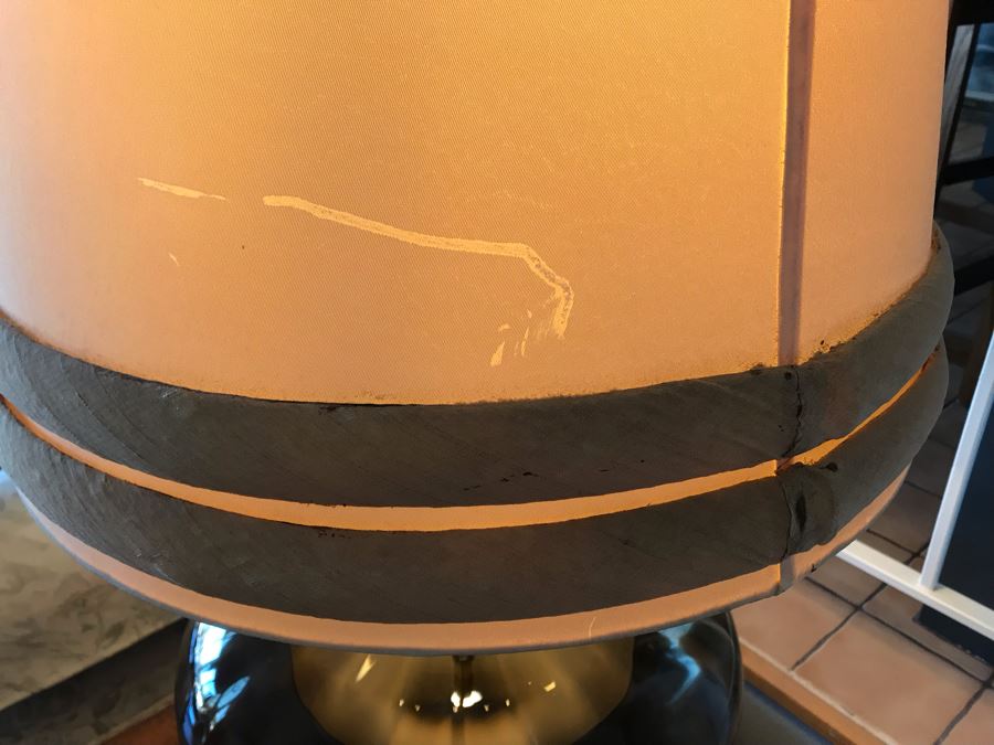 Monumental Mid-Century Glass And Metal 2-Light Lamp With Large Tapered Shade (See Photos For Damage To Shade) [Photo 9]