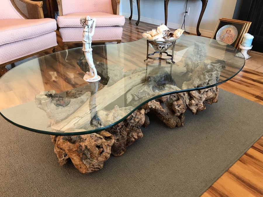 Mid-Century Driftwood Coffee Table With Kidney Shaped Glass Top [Photo 1]