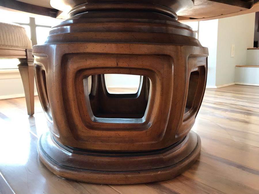 WEIMAN Heirloom Quality Marble Top Table On Chinoiserie Asian Style Pedestal With (3) Striped Cane Back Chairs, Pillows, and Glass Bird Bath Art [Photo 16]