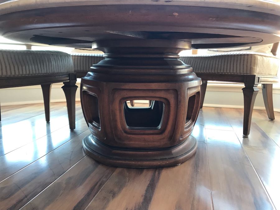 WEIMAN Heirloom Quality Marble Top Table On Chinoiserie Asian Style Pedestal With (3) Striped Cane Back Chairs, Pillows, and Glass Bird Bath Art [Photo 7]