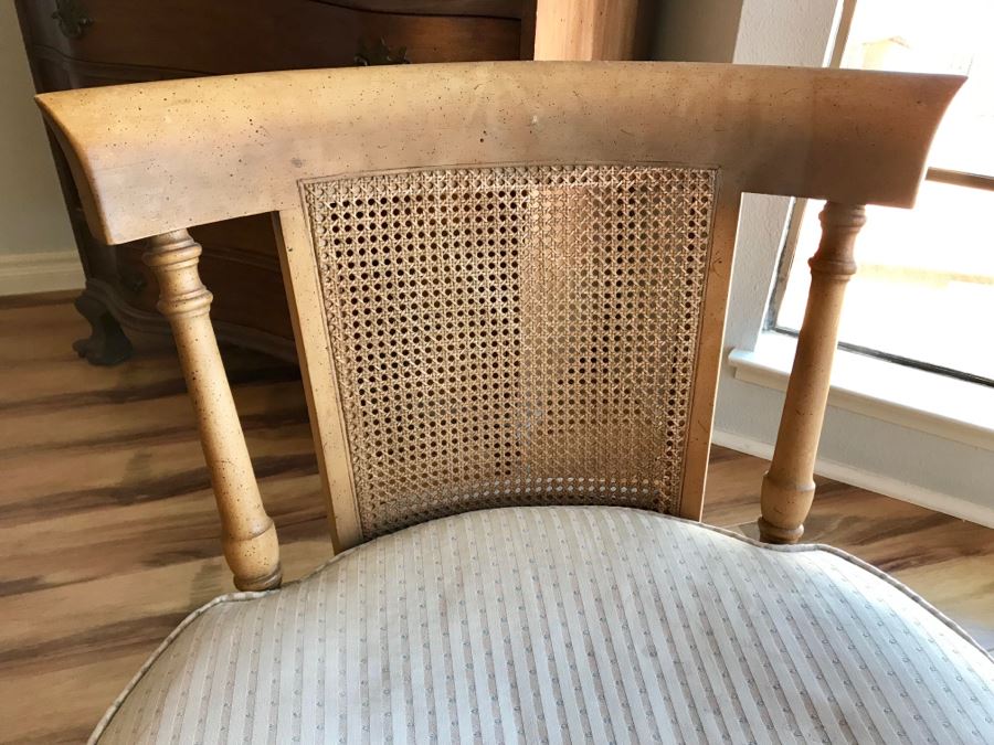 WEIMAN Heirloom Quality Marble Top Table On Chinoiserie Asian Style Pedestal With (3) Striped Cane Back Chairs, Pillows, and Glass Bird Bath Art [Photo 12]