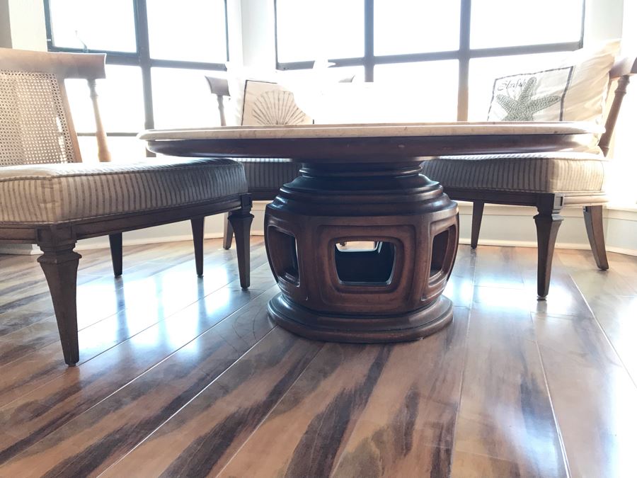 WEIMAN Heirloom Quality Marble Top Table On Chinoiserie Asian Style Pedestal With (3) Striped Cane Back Chairs, Pillows, and Glass Bird Bath Art [Photo 5]