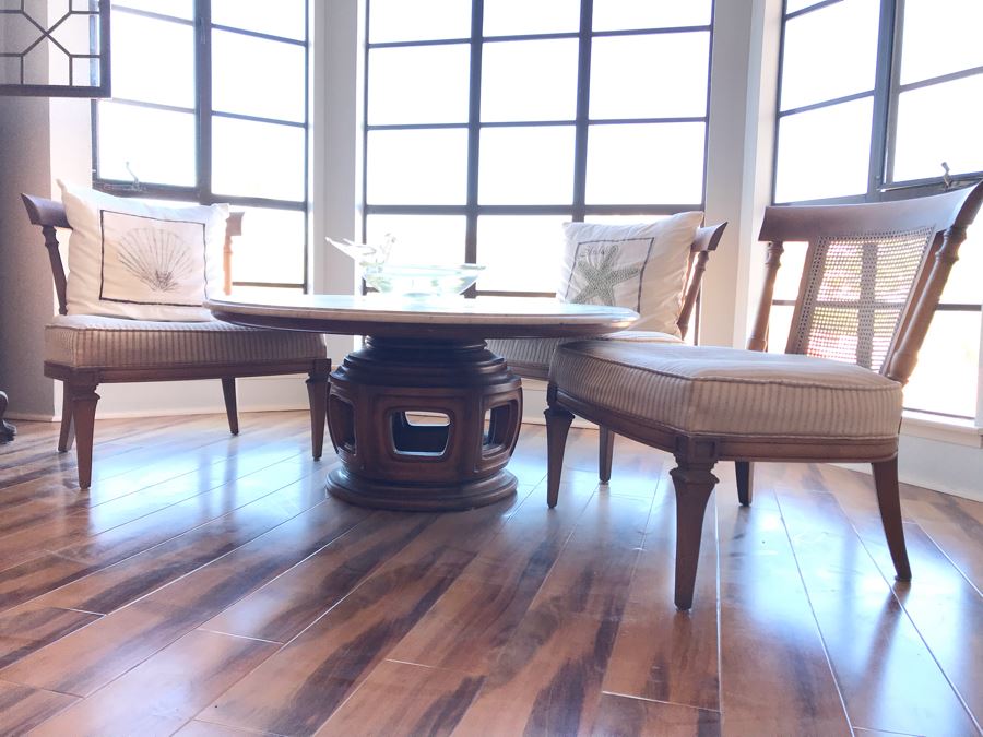 WEIMAN Heirloom Quality Marble Top Table On Chinoiserie Asian Style Pedestal With (3) Striped Cane Back Chairs, Pillows, and Glass Bird Bath Art [Photo 3]