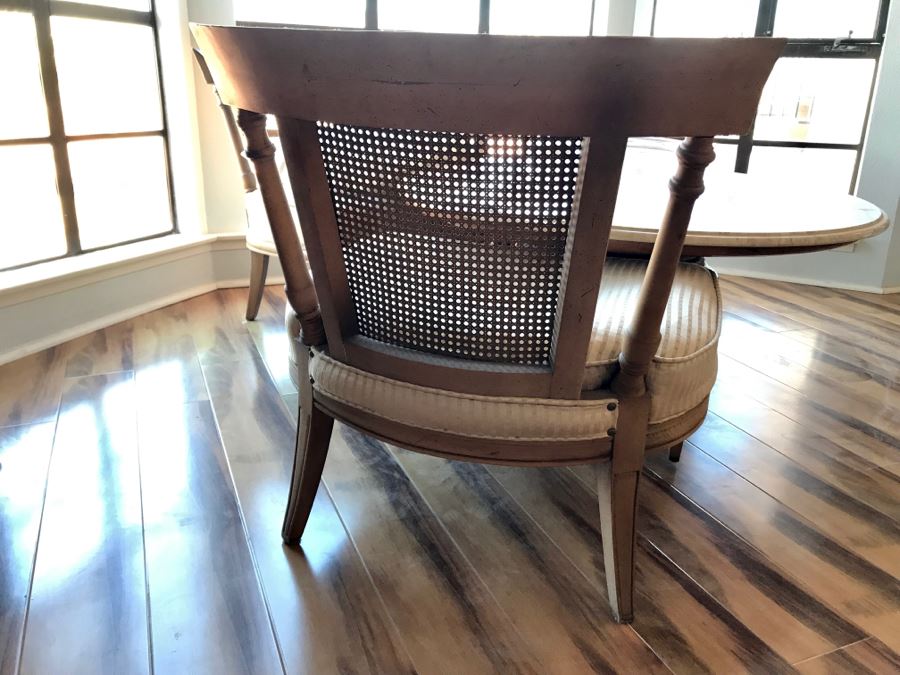 WEIMAN Heirloom Quality Marble Top Table On Chinoiserie Asian Style Pedestal With (3) Striped Cane Back Chairs, Pillows, and Glass Bird Bath Art [Photo 13]