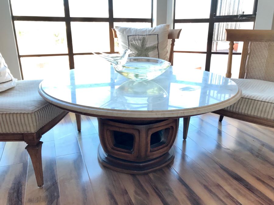 WEIMAN Heirloom Quality Marble Top Table On Chinoiserie Asian Style Pedestal With (3) Striped Cane Back Chairs, Pillows, and Glass Bird Bath Art [Photo 2]