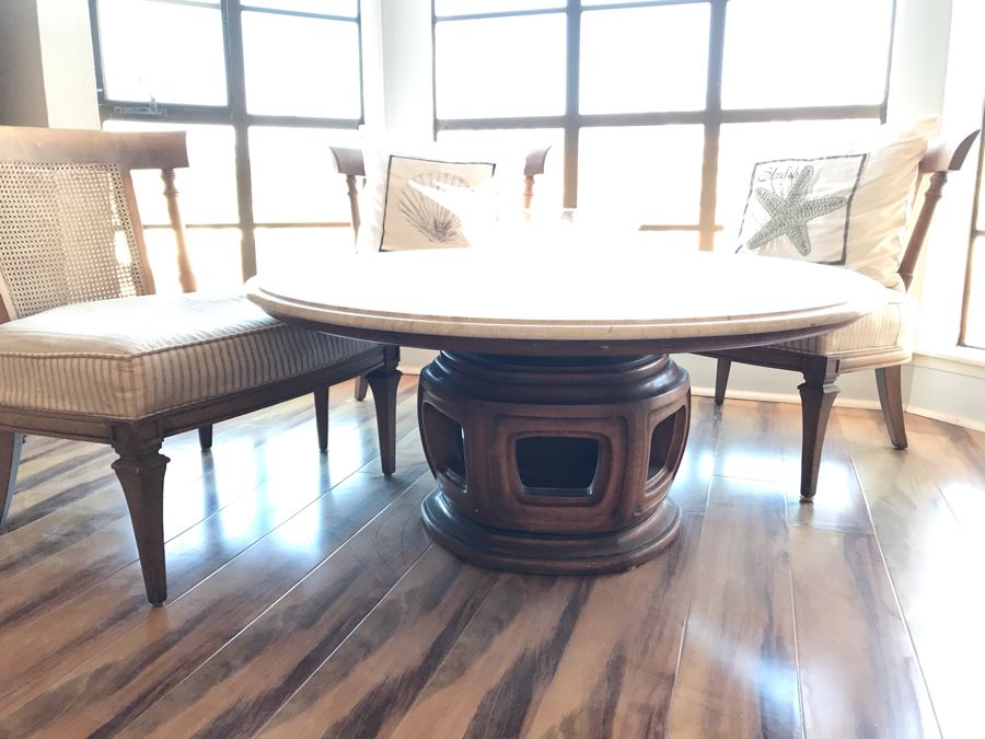 WEIMAN Heirloom Quality Marble Top Table On Chinoiserie Asian Style Pedestal With (3) Striped Cane Back Chairs, Pillows, and Glass Bird Bath Art [Photo 4]