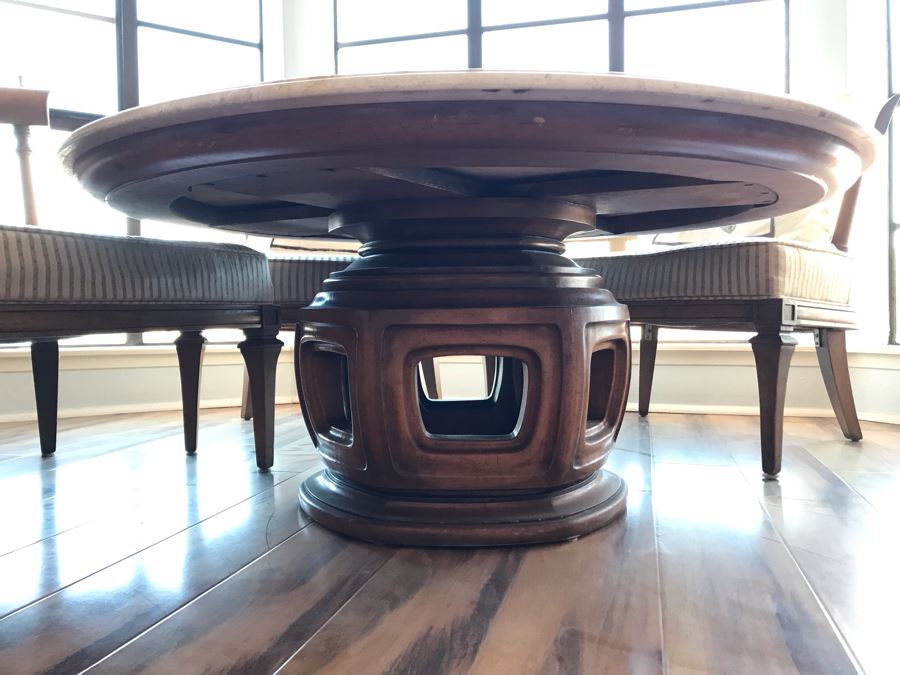 WEIMAN Heirloom Quality Marble Top Table On Chinoiserie Asian Style Pedestal With (3) Striped Cane Back Chairs, Pillows, and Glass Bird Bath Art [Photo 6]