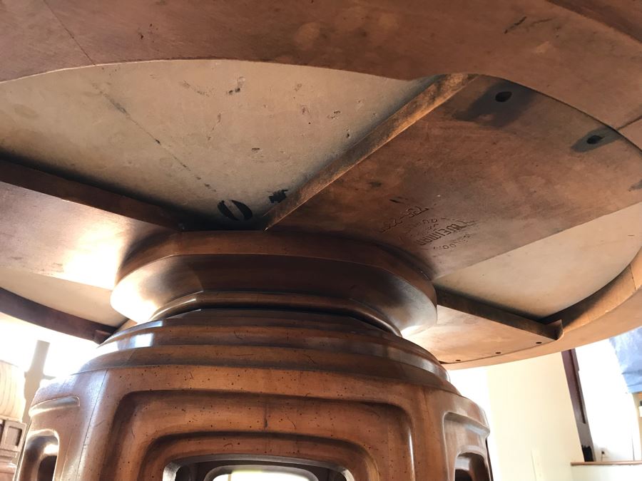 WEIMAN Heirloom Quality Marble Top Table On Chinoiserie Asian Style Pedestal With (3) Striped Cane Back Chairs, Pillows, and Glass Bird Bath Art [Photo 17]