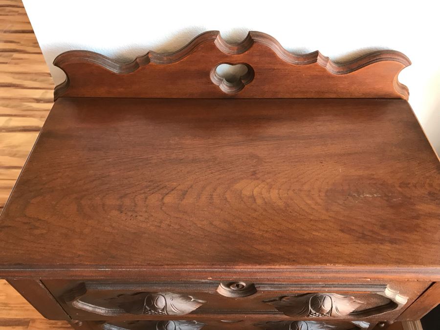 Antique 3 Drawer Dresser Chest Of Drawers On Casters With Carved Drawer Pulls [Photo 6]