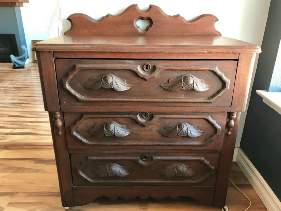 Antique 3 Drawer Dresser Chest Of Drawers On Casters With Carved Drawer Pulls [Photo 1]