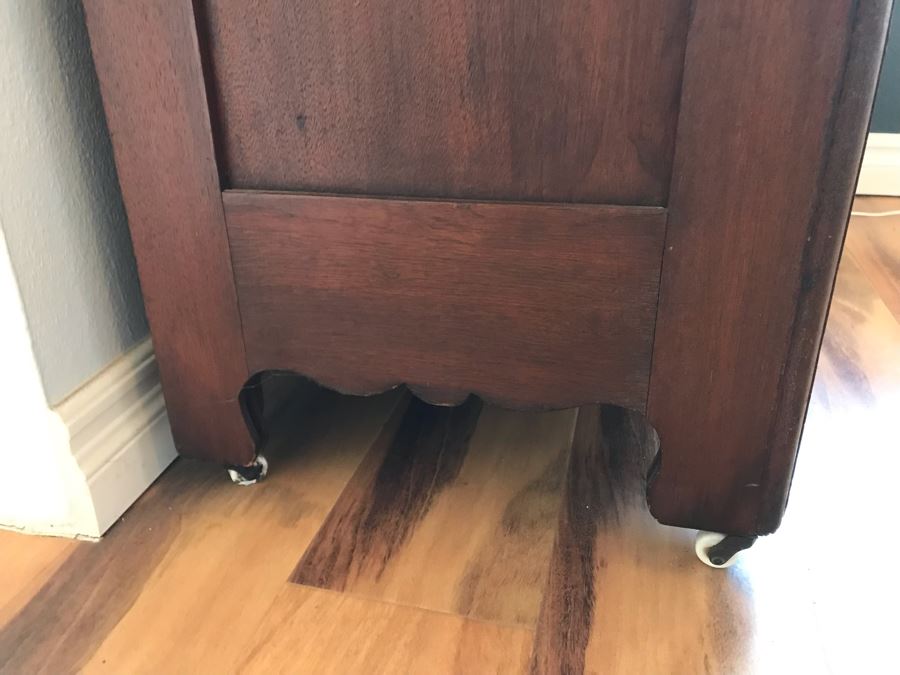 Antique 3 Drawer Dresser Chest Of Drawers On Casters With Carved Drawer Pulls [Photo 8]