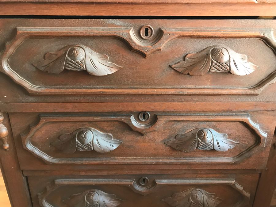 Antique 3 Drawer Dresser Chest Of Drawers On Casters With Carved Drawer Pulls [Photo 4]