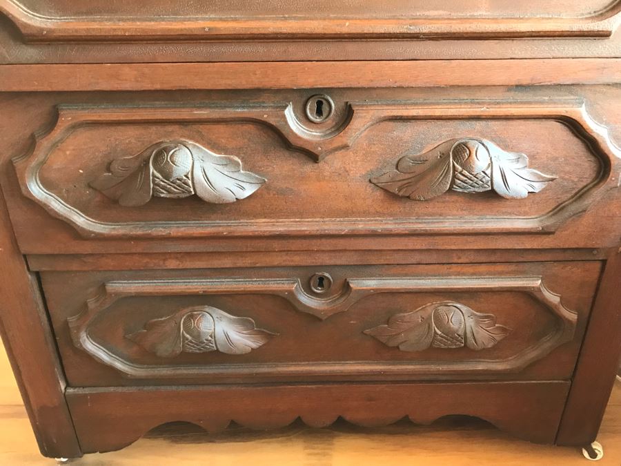 Antique 3 Drawer Dresser Chest Of Drawers On Casters With Carved Drawer Pulls [Photo 5]