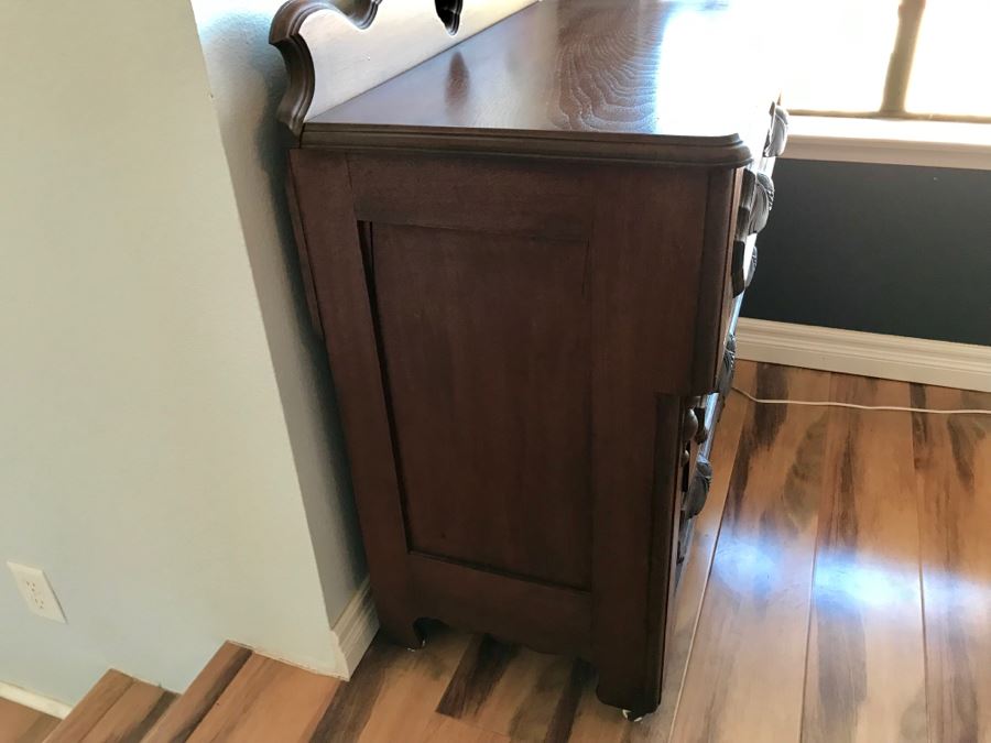 Antique 3 Drawer Dresser Chest Of Drawers On Casters With Carved Drawer Pulls [Photo 7]