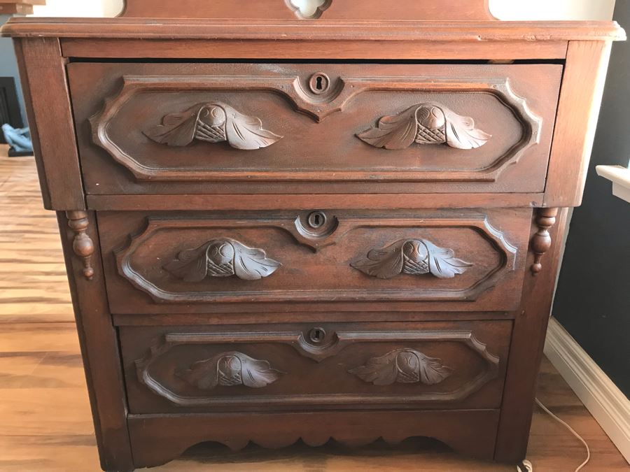 Antique 3 Drawer Dresser Chest Of Drawers On Casters With Carved Drawer Pulls [Photo 3]