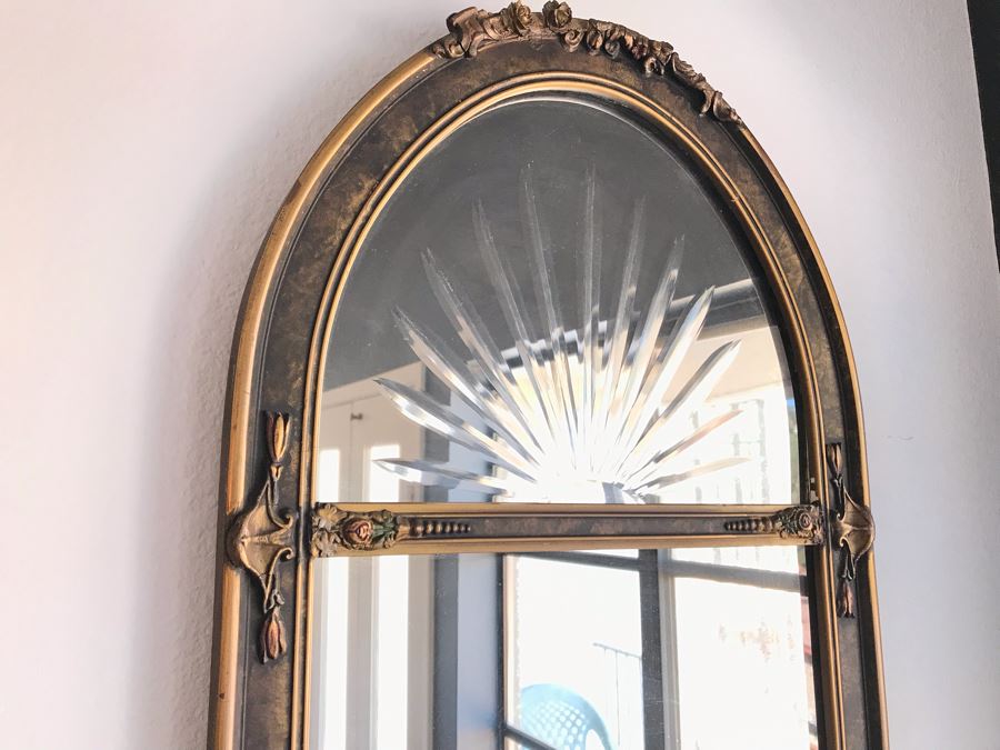 Vintage Painted Wooden Mirror With Etched Sunburst Pattern In Top Of Mirror [Photo 3]