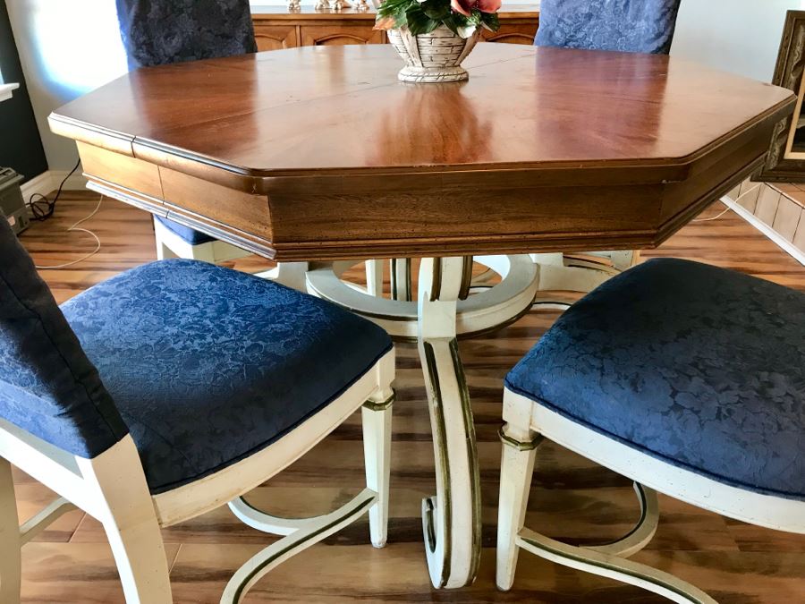 Vintage French Provincial Pedestal Dining Table With 2 Leaves (Not Shown) And (4) Cane Back Chairs (Note That Cane Backs Need To Be Replaced) [Photo 3]