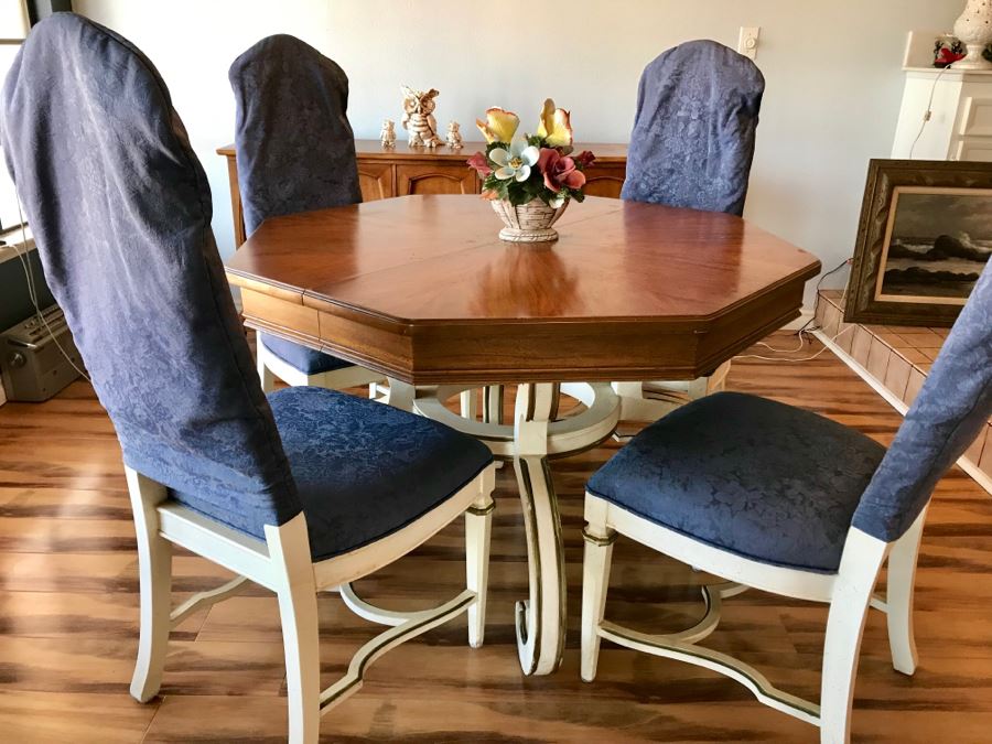 Vintage French Provincial Pedestal Dining Table With 2 Leaves (Not Shown) And (4) Cane Back Chairs (Note That Cane Backs Need To Be Replaced) [Photo 1]