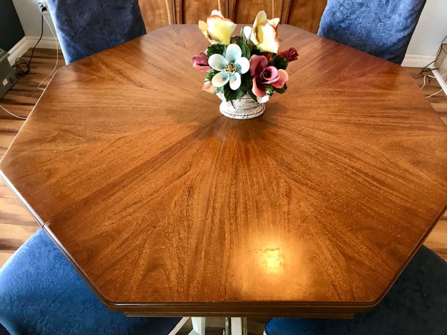 Vintage French Provincial Pedestal Dining Table With 2 Leaves (Not Shown) And (4) Cane Back Chairs (Note That Cane Backs Need To Be Replaced) [Photo 4]