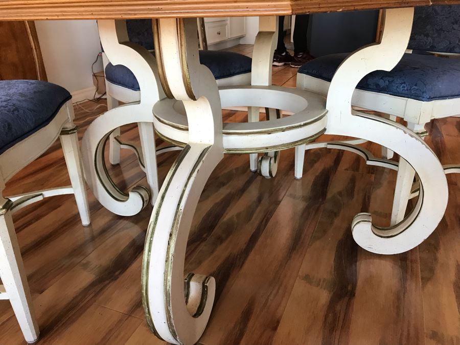 Vintage French Provincial Pedestal Dining Table With 2 Leaves (Not Shown) And (4) Cane Back Chairs (Note That Cane Backs Need To Be Replaced) [Photo 6]