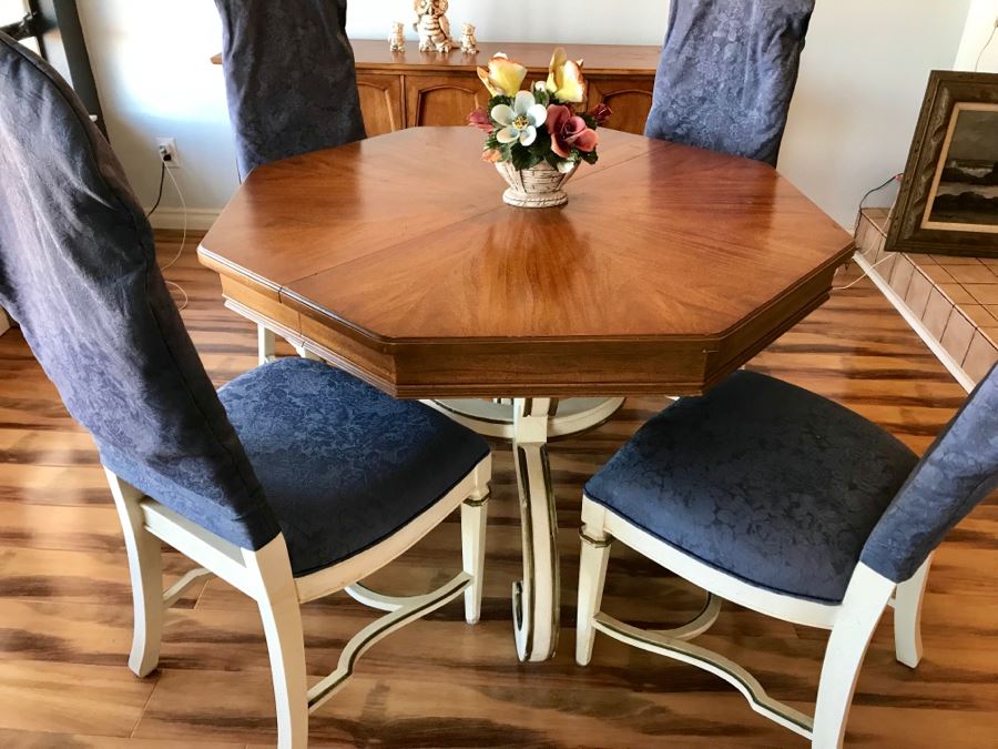 Vintage French Provincial Pedestal Dining Table With 2 Leaves (Not Shown) And (4) Cane Back Chairs (Note That Cane Backs Need To Be Replaced) [Photo 2]