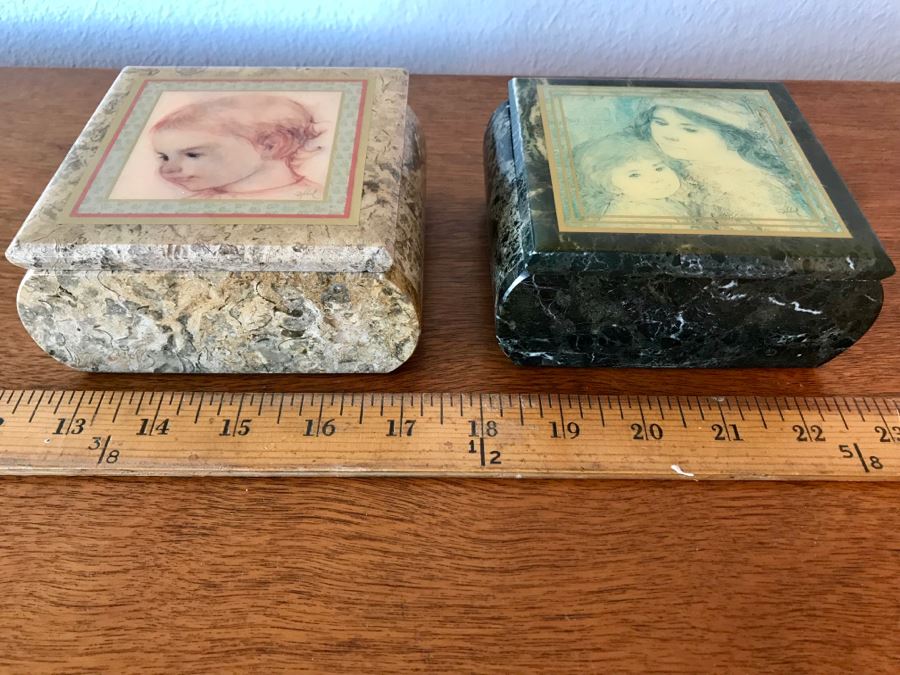 Pair Of Marble 'Edna Hibel' Artwork Trinket Boxes [Photo 2]