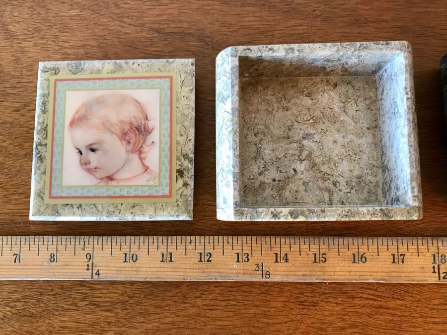 Pair Of Marble 'Edna Hibel' Artwork Trinket Boxes [Photo 9]