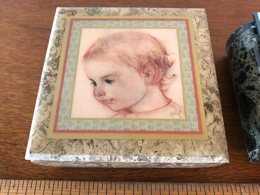 Pair Of Marble 'Edna Hibel' Artwork Trinket Boxes [Photo 4]