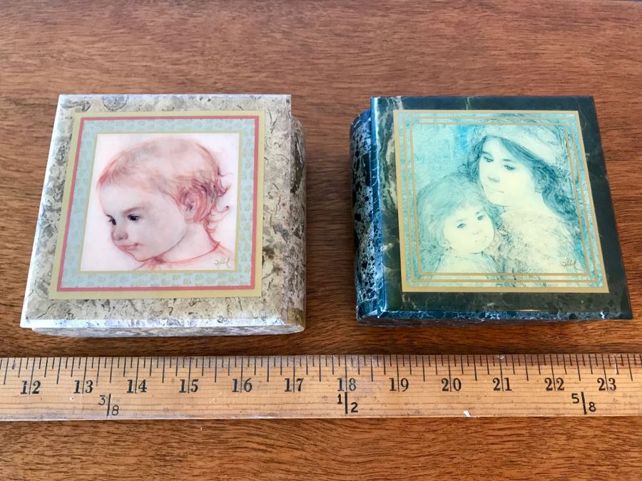 Pair Of Marble 'Edna Hibel' Artwork Trinket Boxes