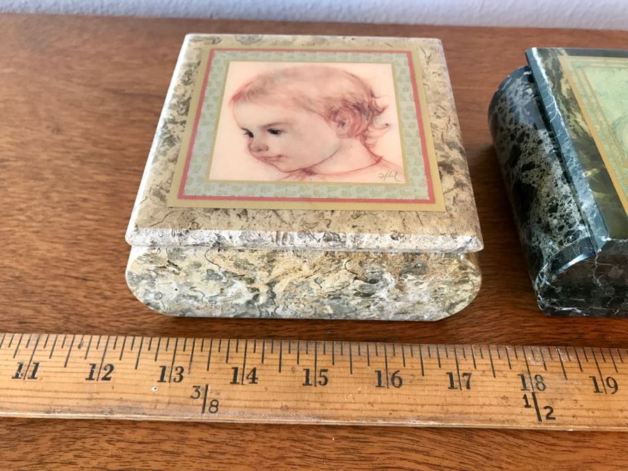 Pair Of Marble 'Edna Hibel' Artwork Trinket Boxes [Photo 3]