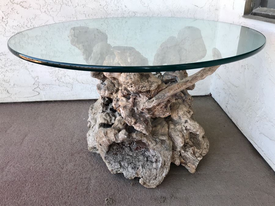 Mid Century Driftwood Side Table With Glass Top [Photo 1]