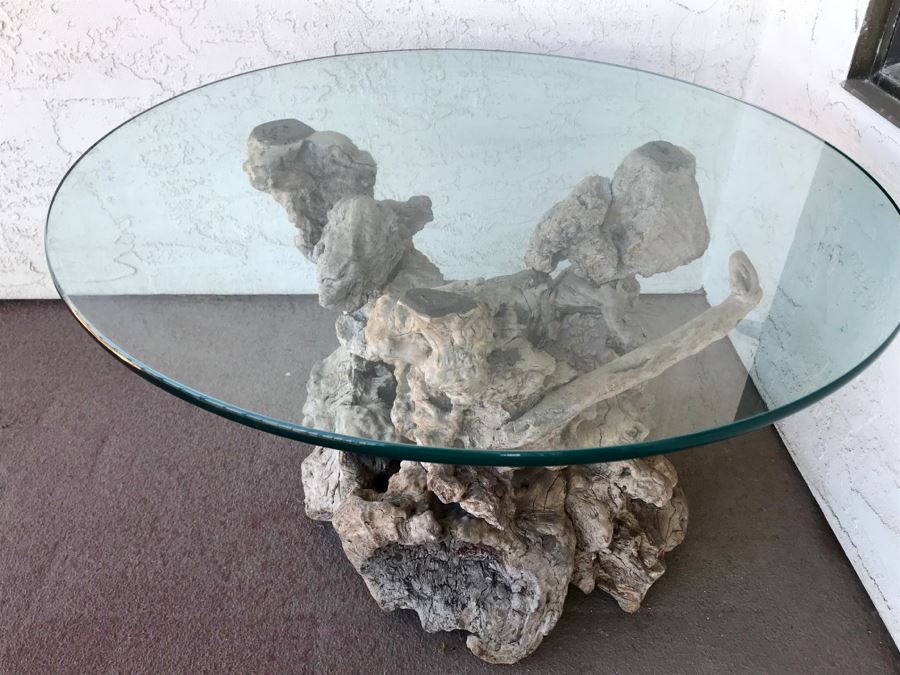 Mid Century Driftwood Side Table With Glass Top [Photo 3]