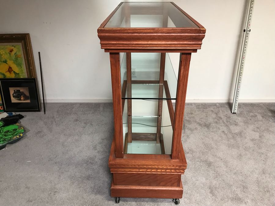Oak Rolling Display Cabinet With Casters 3-Shelves With Mirrored Bottom Great For Store 48'W X 19'D X 45'H [Photo 7]