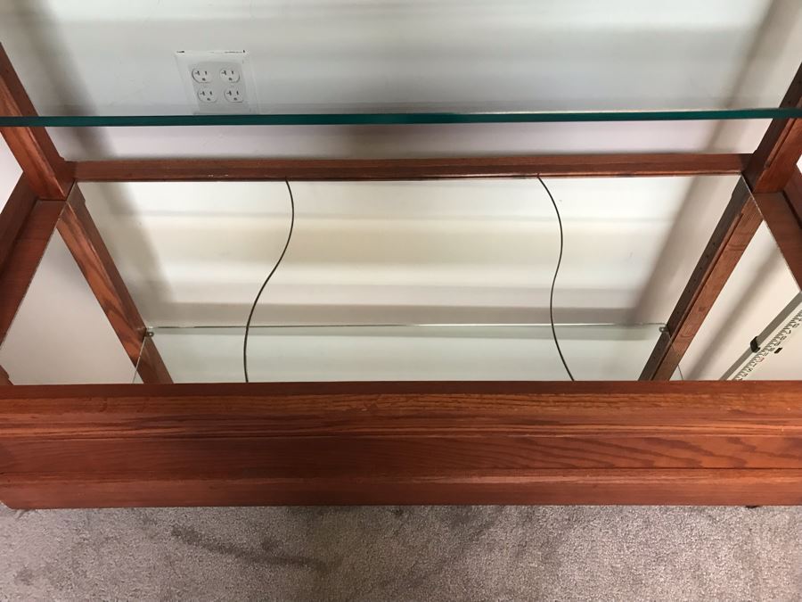 Oak Rolling Display Cabinet With Casters 3-Shelves With Mirrored Bottom Great For Store 48'W X 19'D X 45'H [Photo 4]