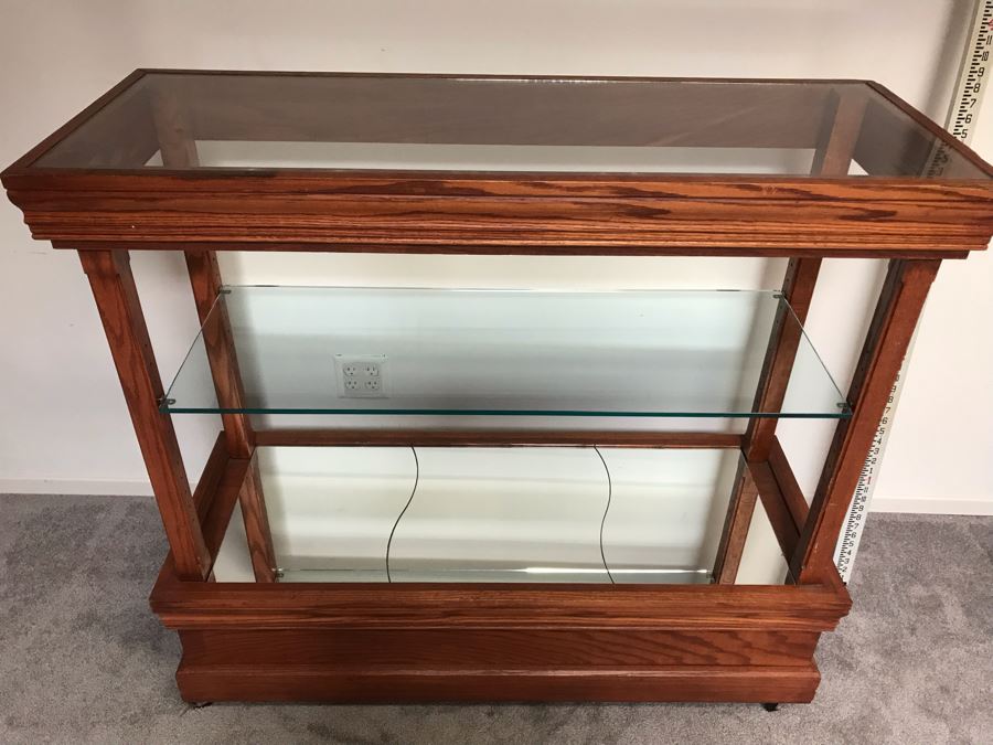 Oak Rolling Display Cabinet With Casters 3-Shelves With Mirrored Bottom Great For Store 48'W X 19'D X 45'H [Photo 2]