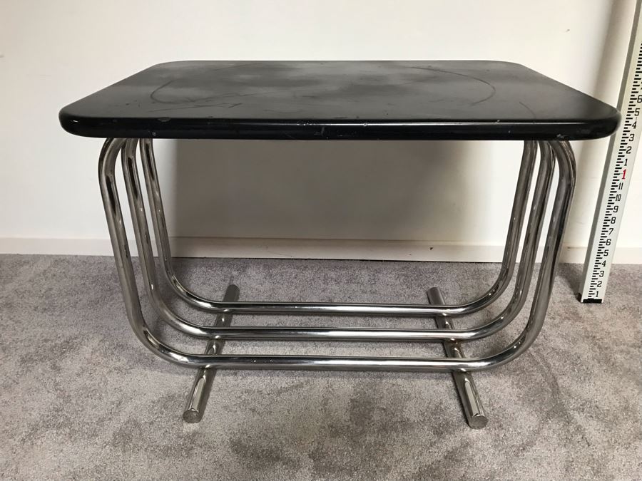 Mid-Century Bent Chrome Base Table With Black Top 28'W X 19'D X 21'H [Photo 5]
