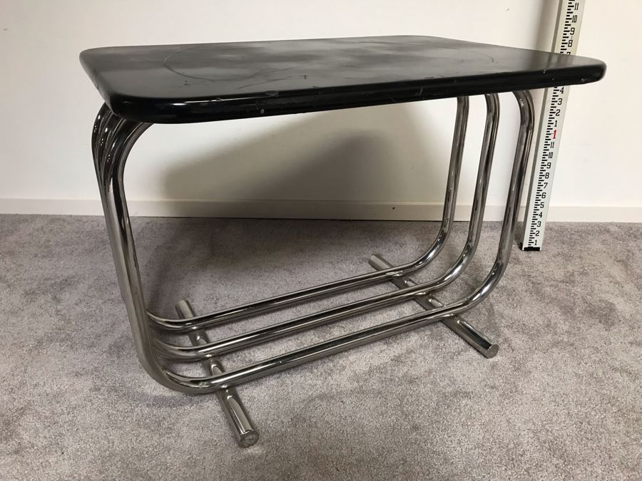 Mid-Century Bent Chrome Base Table With Black Top 28'W X 19'D X 21'H [Photo 4]