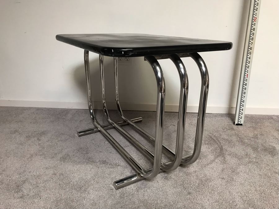 Mid-Century Bent Chrome Base Table With Black Top 28'W X 19'D X 21'H [Photo 1]