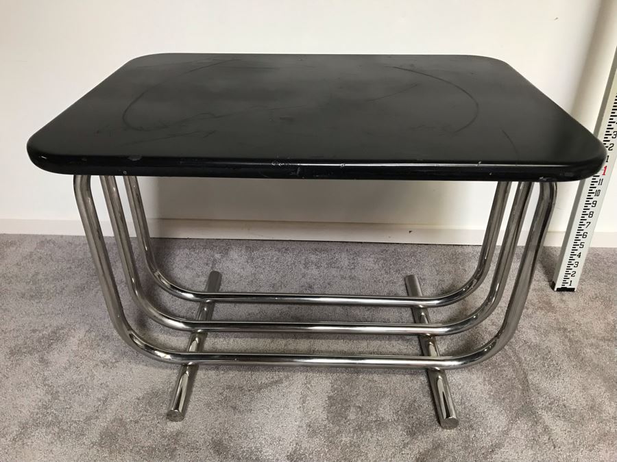 Mid-Century Bent Chrome Base Table With Black Top 28'W X 19'D X 21'H [Photo 6]