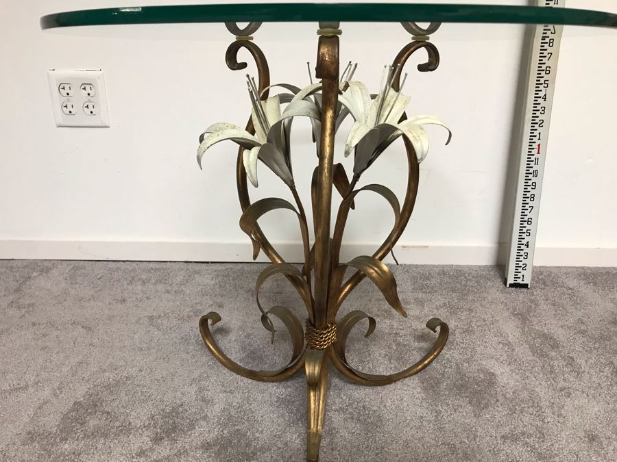 Vintage Gilded Floral Motif Table Base With Round Glass Top 22'R X 20'H [Photo 6]