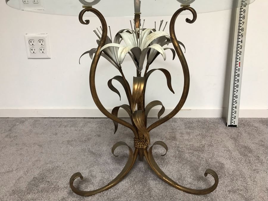 Vintage Gilded Floral Motif Table Base With Round Glass Top 22'R X 20'H [Photo 2]