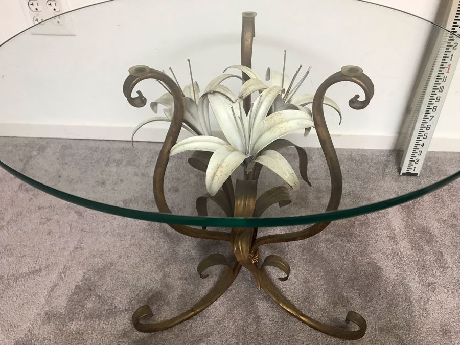 Vintage Gilded Floral Motif Table Base With Round Glass Top 22'R X 20'H [Photo 4]