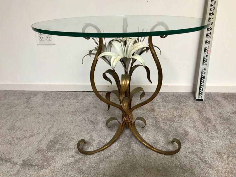 Vintage Gilded Floral Motif Table Base With Round Glass Top 22'R X 20'H [Photo 1]