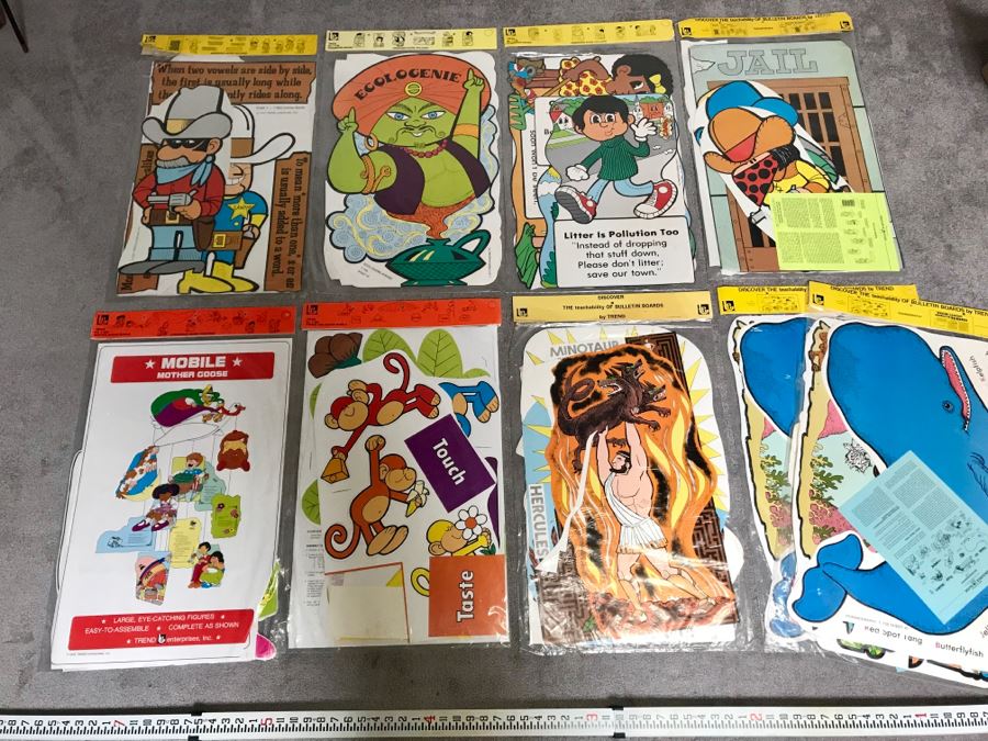 Collection Of (9) Vintage 1970s School Teaching Aides By Trend Including Outlaw Words, Ecologenie Wishes, Ecologenie Speaks, Oceanography, Greek Mythology, Shapes And Senses Mobile And Mother Goose Mobile