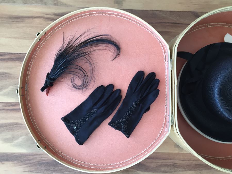 Vintage Hat Box With Black Marshall Field & Family Hat, White Noreen Fashion Hat, Beaded Black Gloves And 20's Flapper Style Black Hair Comb [Photo 2]
