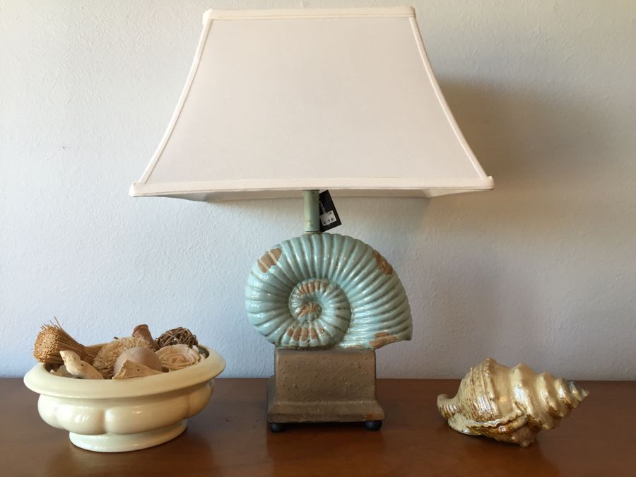 Shell Table Lamp (Retailed For $160), Haeger USA Pottery Bowl Filled With Various Decor Objects And Faux Decorative Shell [Photo 1]