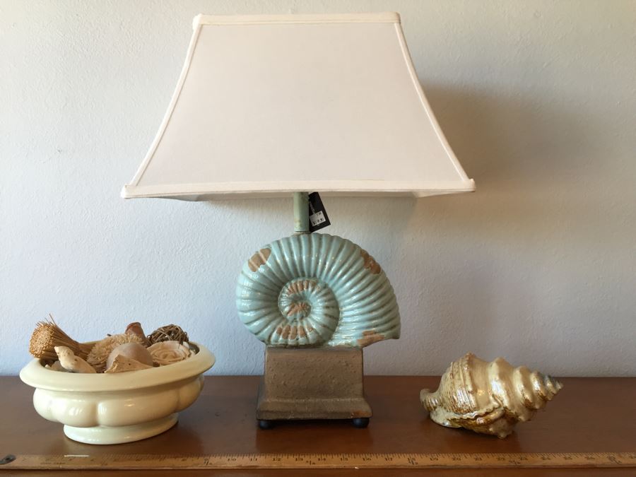 Shell Table Lamp (Retailed For $160), Haeger USA Pottery Bowl Filled With Various Decor Objects And Faux Decorative Shell [Photo 2]