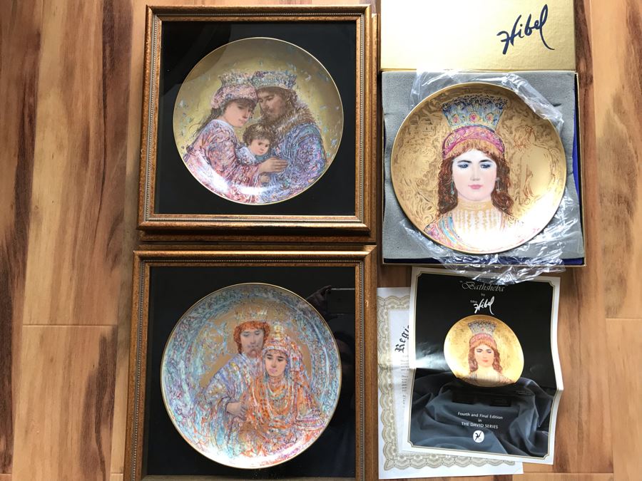 Set Of (3) Edna Hibel Limited Edition 'The David Series' Plates: Bathsheba, Wedding Of David & Bathsheba And David Bathsheba & Solomon (2) Shadowbox Framed And (1) With Original Hibel Box And Cert [Photo 2]